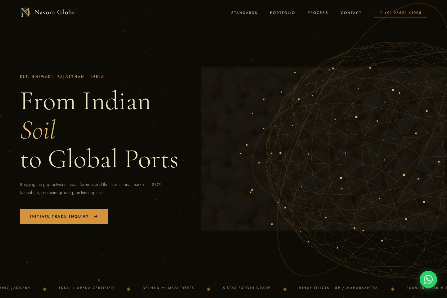 Navora Global agro export website homepage shown in a browser frame